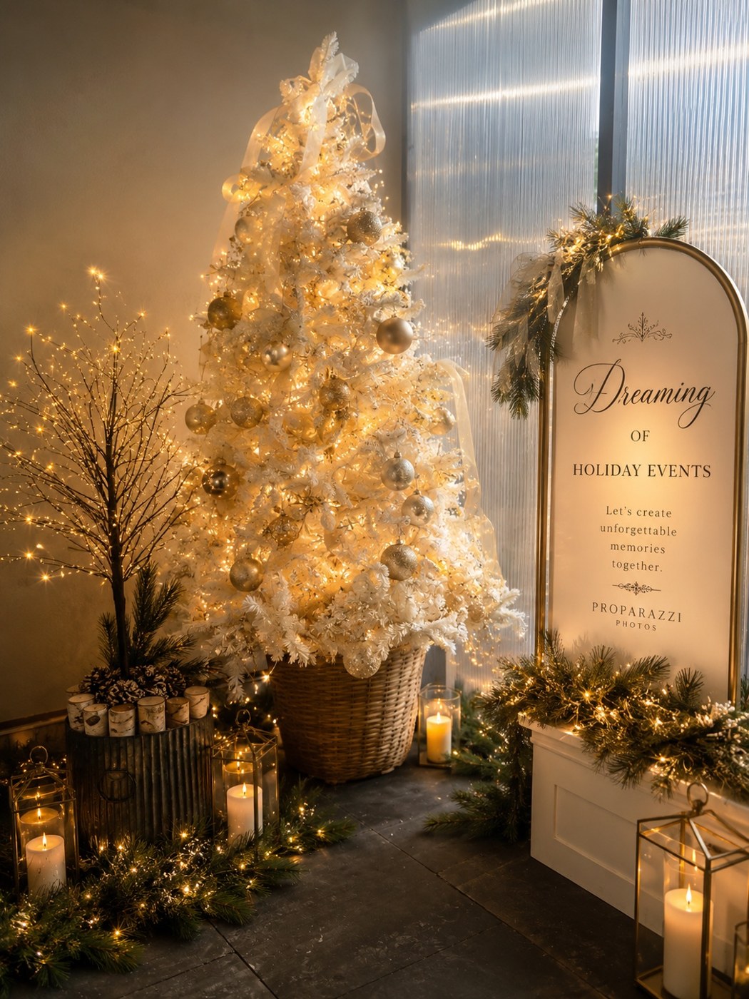 White holiday tree and welcome signage